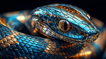 Fototapeta premium Symbol of the new year 2025, illustration of a snake, made in high-tech style. Metal scales of a snake.