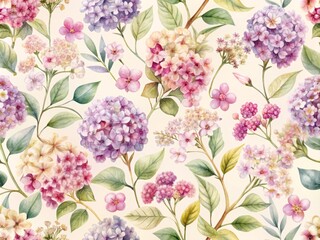 Soft focus, watercolor heliotrope blooms in shades of mauve, rose, and blush, arranged in a loose, organic pattern on a creamy white background.
