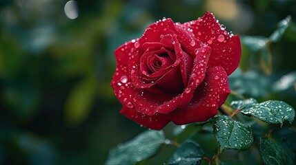 A close-up of a single red rose with dewdrops on its petals, symbolizing love and romance, with a soft-focus background of green leaves.