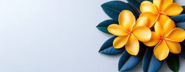 Obraz premium Small vivid yellow and ocean blue summer leaves with mini frangipanis on a white backdrop Minimalistic, high resolution, clear sharp focus, hyperdetailed
