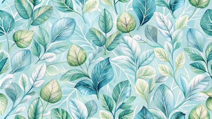 Gentle, dreamy pattern of hand-painted collard green leaves in pale blues and whites, evoking a sense of serene natural beauty.