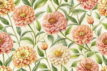 Intricate hand-painted zinnia flowers in soft coral, salmon, and pale yellow, intertwined with stems and leaves, create a beautiful and organic seamless pattern on a clean white background.