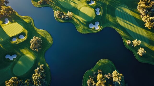A drone view of a golf course, showing the intricate layout of greens, fairways, and water hazards, ideal for aerial or sports themes.