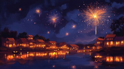 Enchanting Village Celebration under Sparkling Fireworks Display