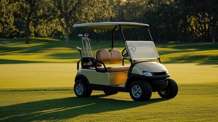 A golf cart parked next to a green, with clubs in the back, representing the convenience and leisure of playing golf.