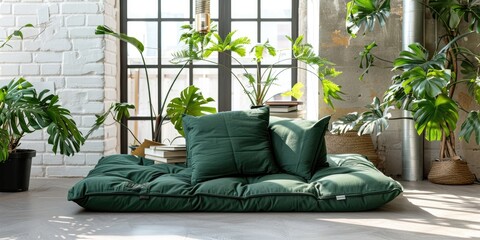 Folded green mattress couch with pillows in a bright industrial interior with fresh plants and study corner