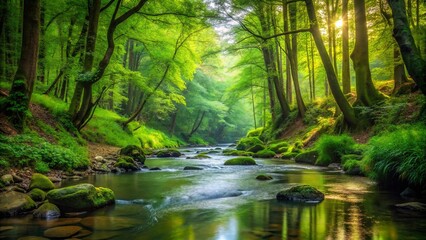 Obraz premium A tranquil stream flowing through lush greenery in a peaceful forest setting
