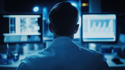 Silhouette of a Person at a Computer Workstation with Graphs and Charts on the Screens