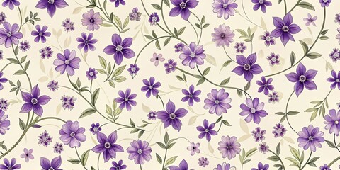 Fototapeta premium Whimsical violet blooms scattered across a soft, creamy background, delicate petals and stems intertwined in a repetitive pattern, perfect for wallpaper or fabric design.