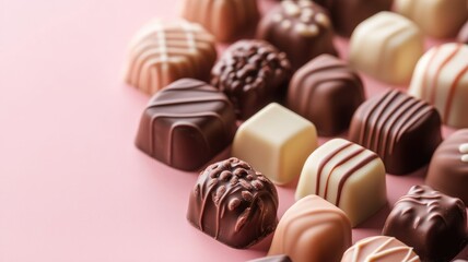 Fototapeta premium Assorted chocolates on pink background, variety of designs and flavors