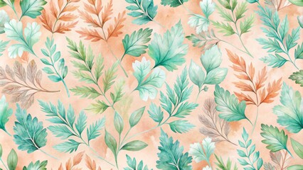 Dreamy watercolor depiction of Chervil leaves in muted hues of aqua, peach, and mint, blended together in a seamless repeat to evoke a sense of serenity.