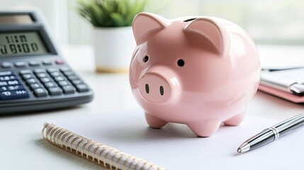 Pink piggy bank on a white desk with a calculator, notebook, and pen nearby, perfect for illustrating financial planning or budgeting concepts.