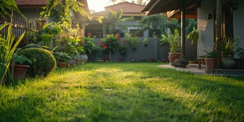 Obraz premium A neatly trimmed lawn with green grass on the patio of a house surrounded by varying height plants and a fence