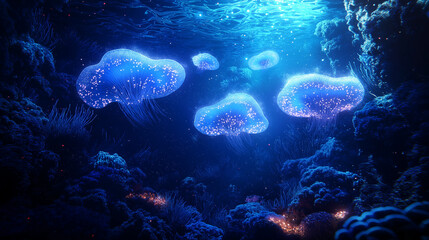 Obraz premium Glowing bioluminescent sea creatures in a deep ocean scene, marine glowtime, mysterious and awe-inspiring