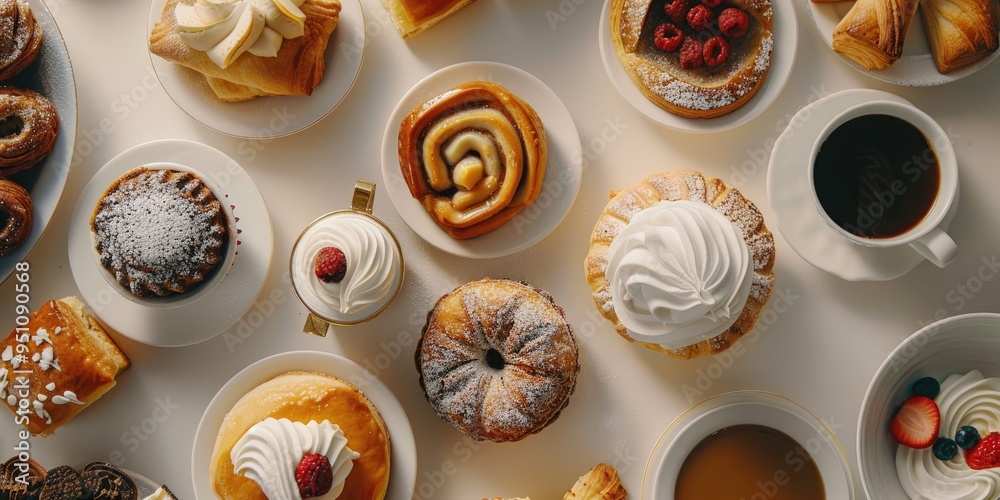 Poster Top view of a table showcasing a variety of pastries and coffee cups on a light background