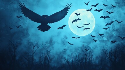 Nocturnal animals, owls and bats, moonlit forest, 3D illustration