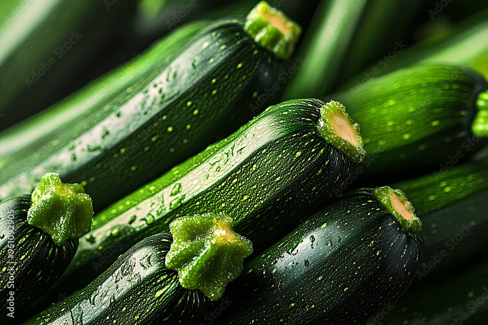 Wall mural close-up of fresh green zucchini with water droplets