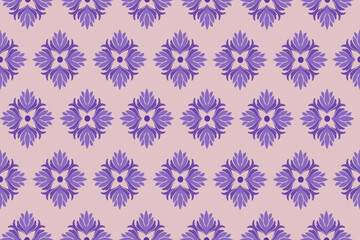 Ikat seamless fabric geometric pattern. European native damask ikat pattern. Deep purple flowers. Light purple background. Illustration, Vector, Wallpaper.