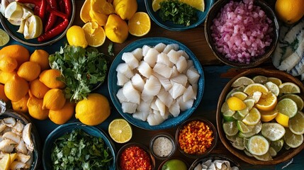 A vibrant spread of Peruvian ceviche, with fresh fish, citrus, and aji peppers.