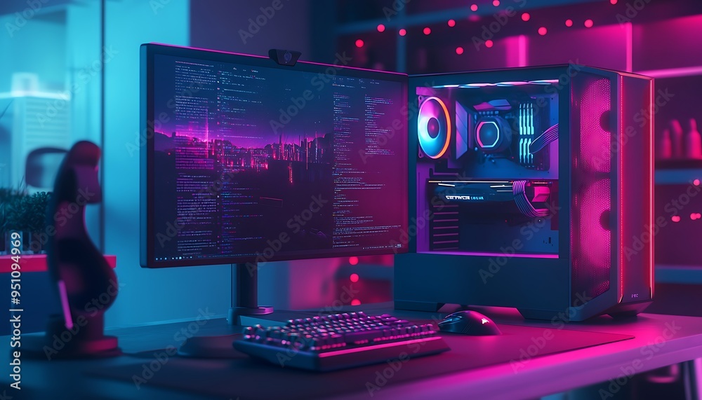 Poster modern gaming setup with rgb lighting and monitor displaying code