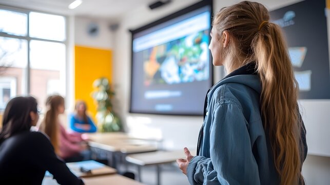 A digital presentation taking place in a virtual classroom setting featuring a computer screen display with space for various types of text and content