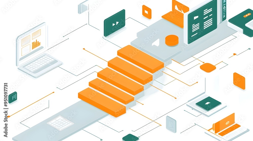 Poster hierarchical workflow process diagram with stair step design for business planning strategy visualiz