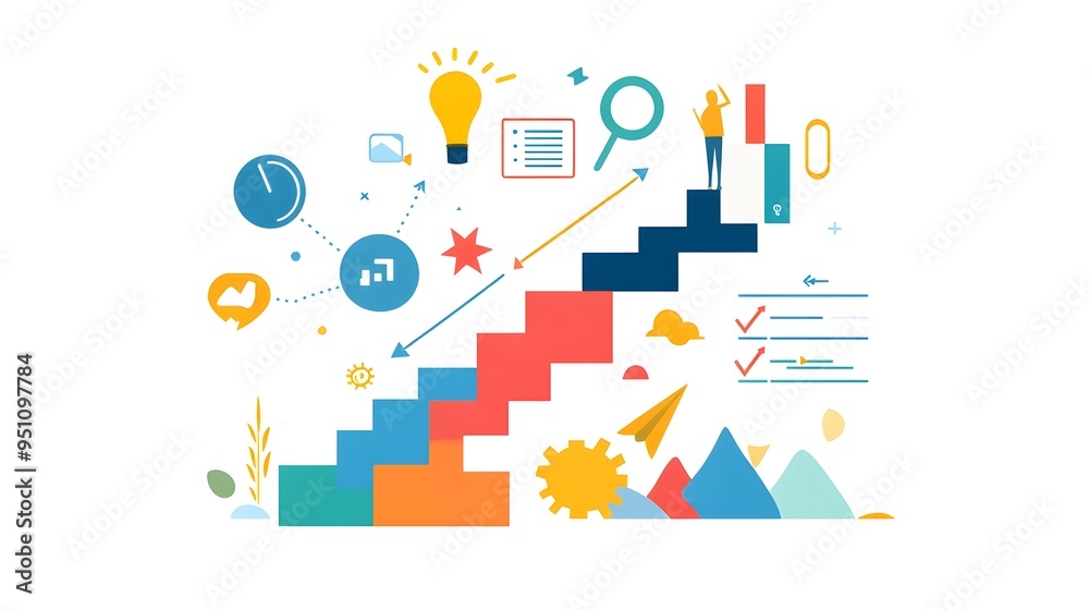 Poster infographic of a staircase progression symbolizing the step by step process and workflow required to