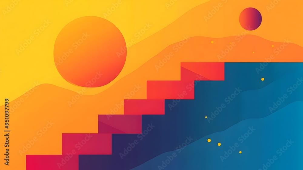 Poster flat digital of an infographic showing a staircase progression of tasks on an isolated background re