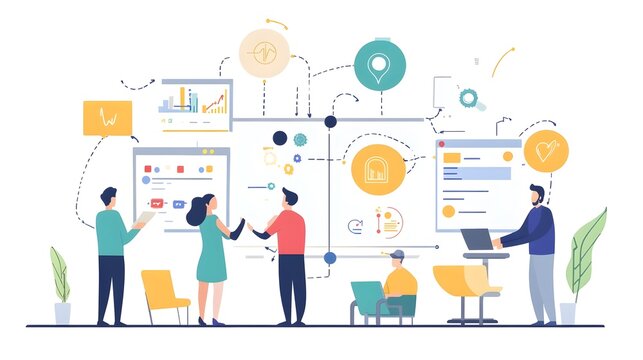 Agile Infographic Depicting Collaborative Project Management Process with Focus on Teamwork and Coordination for Efficient Software Development and Business Strategy