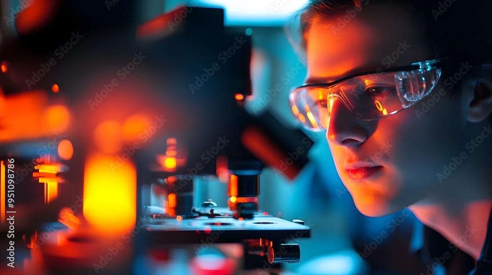 Poster scientists conducting research and experiments on nanomaterials using a high powered microscope in a