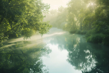Obraz premium Peaceful Early Morning by the River: Mist Rising in Tranquility