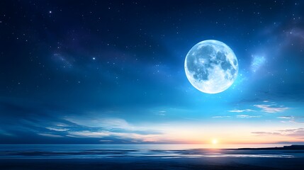 Clear night sky with a full moon and stars, calm and peaceful minimalist realistic