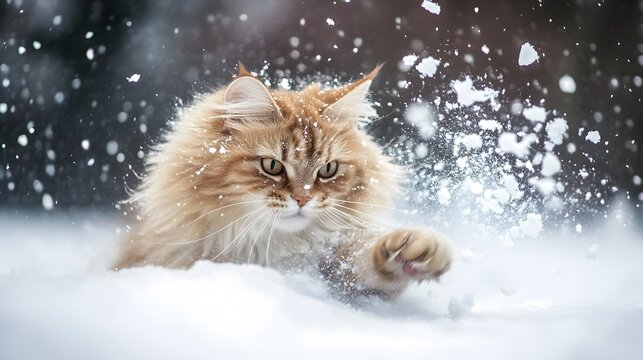 A majestic Maine Coon cat playfully frolicking and exploring in a snowy winter wonderland its fluffy fur catching the delicate snowflakes as it happily embraces the cold and serene landscape