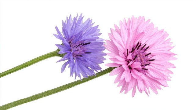 Two flowers, one purple and one pink, are standing next to each other