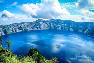 Fototapeta premium Dormant Volcano Cradling a Crater Lake: A Peaceful Natural Scene
