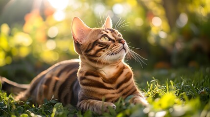 Playful Bengal Cat Exploring and Playing in a Sunlit Garden Its Coat Glistening as It Moves with Feline Agility and Curiosity