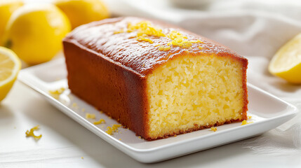 a beautifully baked lemon pound cake takes center stage on a sleek white ceramic rectangular plate