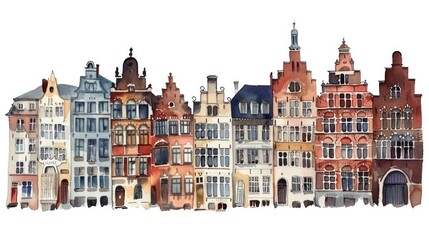 Hand-drawn watercolor illustration of a row of beautiful buildings. Isolated on a white background, capturing architecture and design. Architecture and design concept.