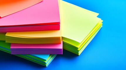 A Stack of Colorful Paper on a Blue Background