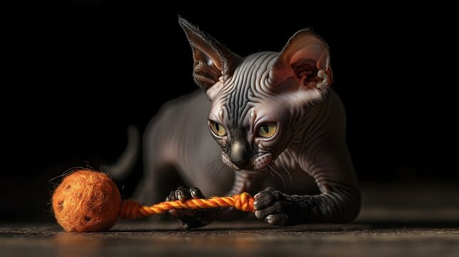 Curious Sphynx Kitten Engaging Playfully with a Toy Displaying Its Distinctive Wrinkled and Furless Skin in a Charming and Endearing Manner