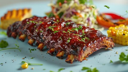 a blue plate topped with ribs covered in bbq sauce