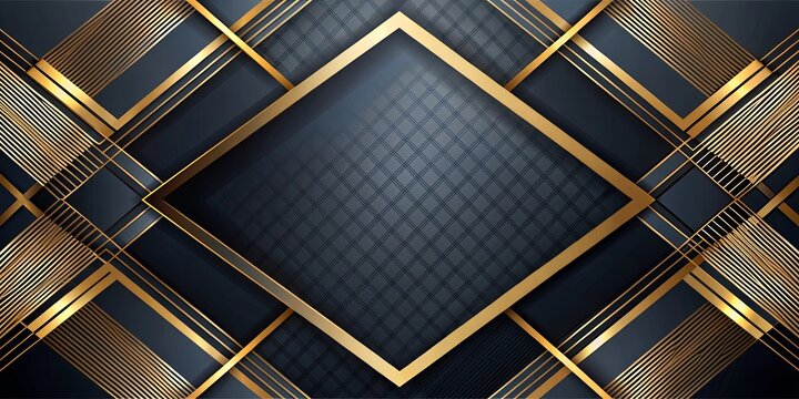 Abstract black and gold background with geometric shapes and lines in gold and blue tones, featuring a gold rectangle on a black backdrop