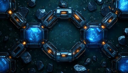Fototapeta premium Glowing Blue and Orange Geometric Shapes on Dark Background