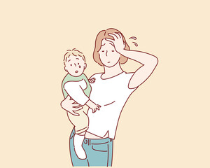 family, parenthood and people concept - mother with crying little baby at home. Hand drawn style vector design illustrations.