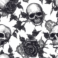 Fototapeta premium Intricate design featuring skulls and roses, perfect for gothic themes and artistic projects.