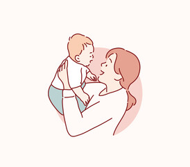 mother lifting and playing with newborn baby. Hand drawn style vector design illustrations.