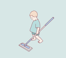 Happy little boy holding mop. Hand drawn style vector design illustrations.