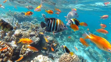 Fototapeta premium Vibrant coral reef teeming with diverse marine life and colorful corals in crystal clear waters