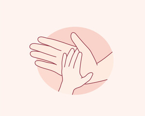 Motherhood, trust and support concept. Close-up of Hands of child and adult, parent and son or daughter. Hand drawn style vector design illustrations.