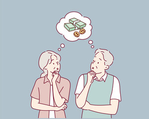 Senior couple thinking about money. Hand drawn style vector design illustrations.